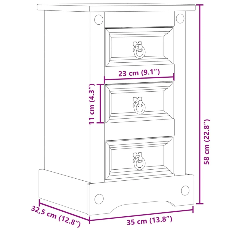Table de chevet avec 3 tiroirs 35 x 32,5 x 58 cm bois de pin massif DEC033899