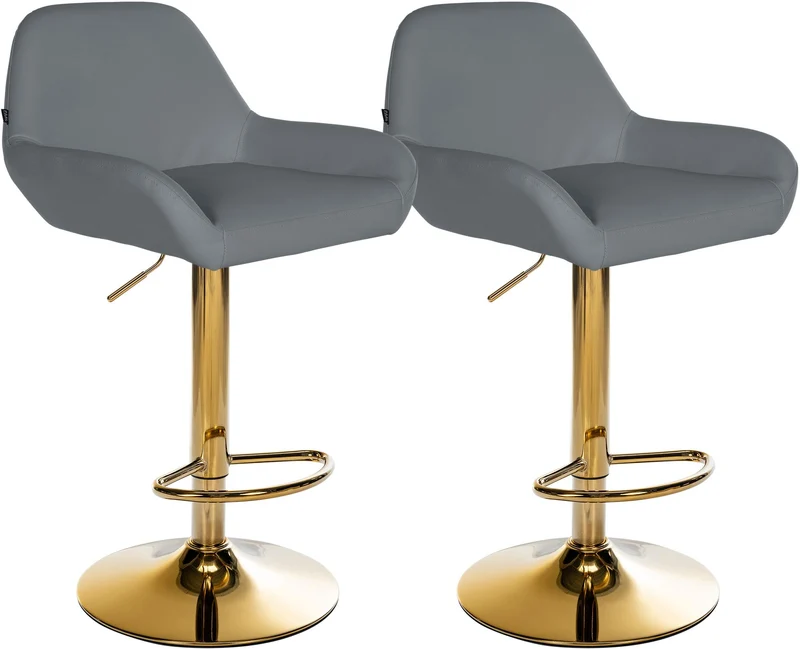 Lot de 2 tabourets de bar repose-pieds en forme d'arc en métal doré assise en PVC gris TDB10798