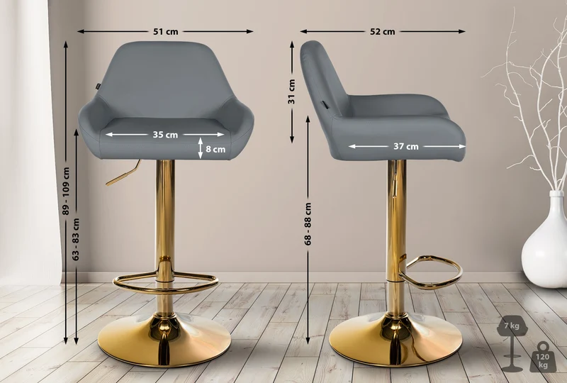 Lot de 2 tabourets de bar repose-pieds en forme d'arc en métal doré assise en PVC gris TDB10798