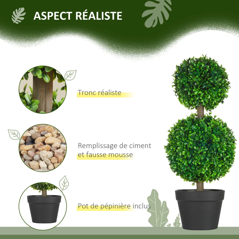 Lot de 2 buis artificiels boules décor salon jardin 23 x 23 x 60 cm entretien facile contemporain en polyéthylène vert 21_0001279