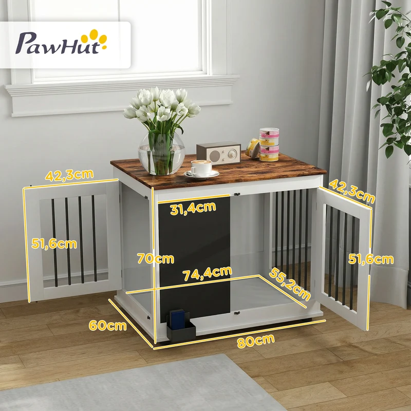 Cage pour chien intérieur 80 x 60 x 70 cm double porte tableau noir utile moderne épuré en panneau de particules blanc 21_0007309