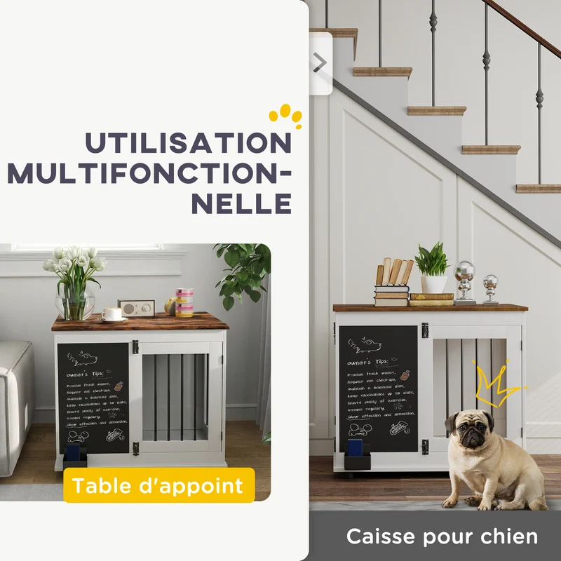 Cage pour chien intérieur 80 x 60 x 70 cm double porte tableau noir utile moderne épuré en panneau de particules blanc 21_0007309