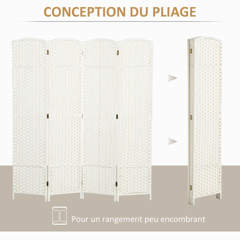 Paravent séparateur pliable 4 panneaux 160 x 1,6 x 170 cm séparation privée tissage chic scandinave épuré en PP blanc 21_0001324