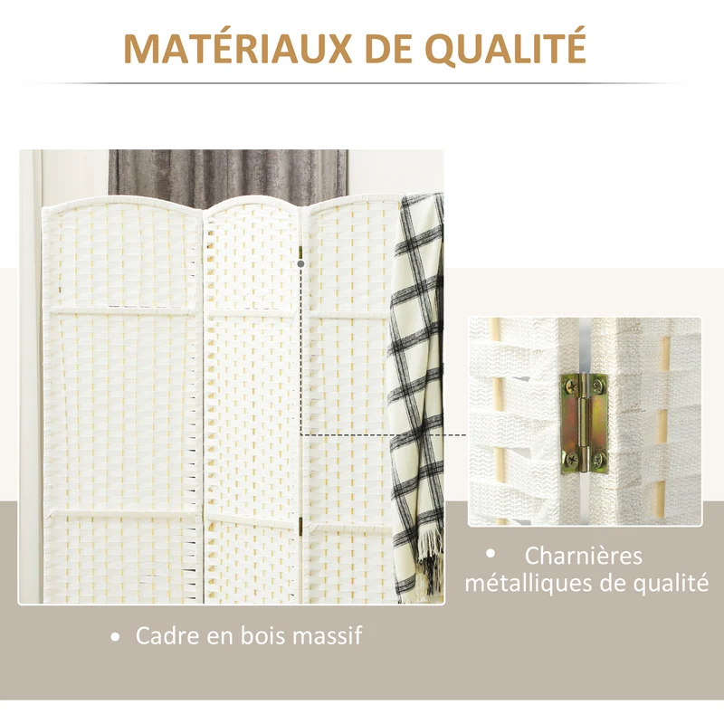 Paravent séparateur pliable 4 panneaux 160 x 1,6 x 170 cm séparation privée tissage chic scandinave épuré en PP blanc 21_0001324