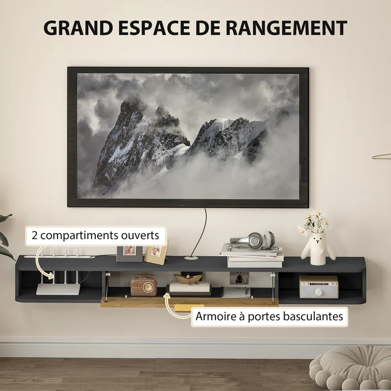Meuble télévision suspendu 160 x 24 x 16 cm gestion câbles porte abatant rangement discret moderne épuré en MDF gris 21_0003478