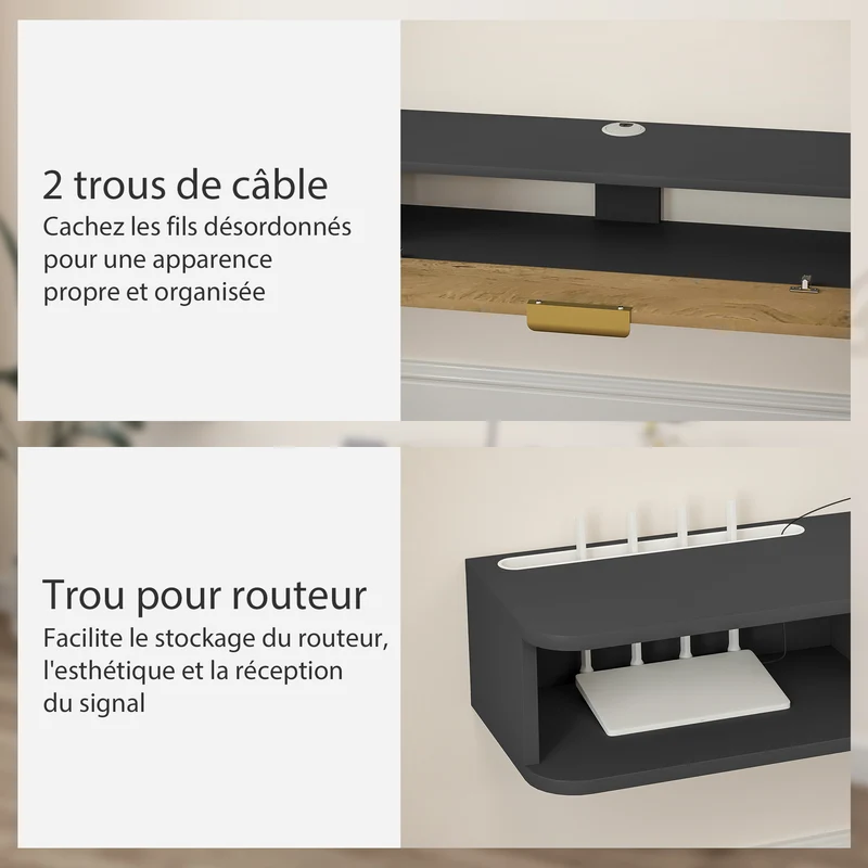 Meuble télévision suspendu 160 x 24 x 16 cm gestion câbles porte abatant rangement discret moderne épuré en MDF gris 21_0003478