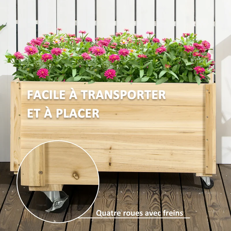 Jardinière surélevée jardin 89 x 48 x 47 cm grande roulettes 2 freins doublure anti humidité rustique en bois naturel 21_0004325