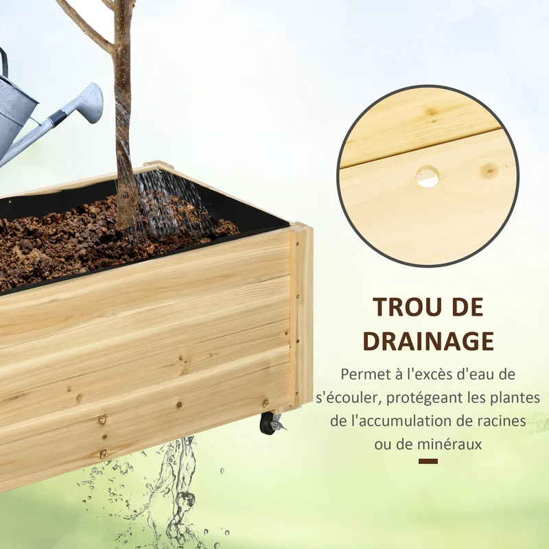 Jardinière surélevée jardin 89 x 48 x 47 cm grande roulettes 2 freins doublure anti humidité rustique en bois naturel 21_0004325