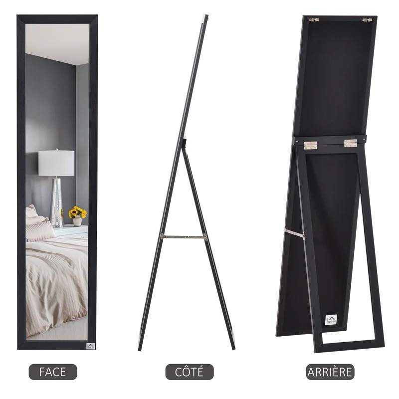 Miroir sur pied rectangulaire 37 x 37 x 154 cm posé ou mural film anti éclat idéal dressing contemporain en MDF noir 21_0001471