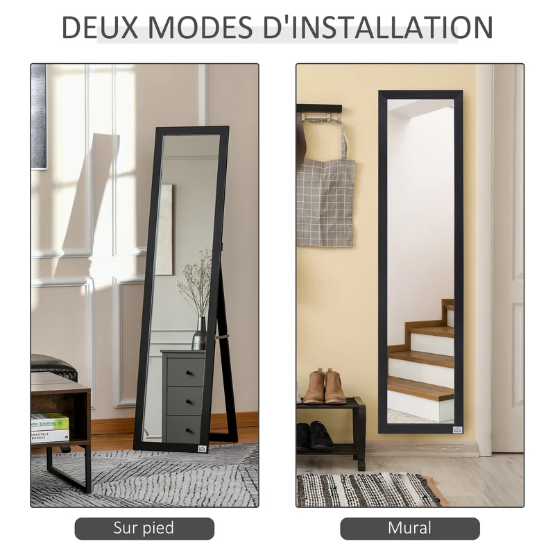 Miroir sur pied rectangulaire 37 x 37 x 154 cm posé ou mural film anti éclat idéal dressing contemporain en MDF noir 21_0001471