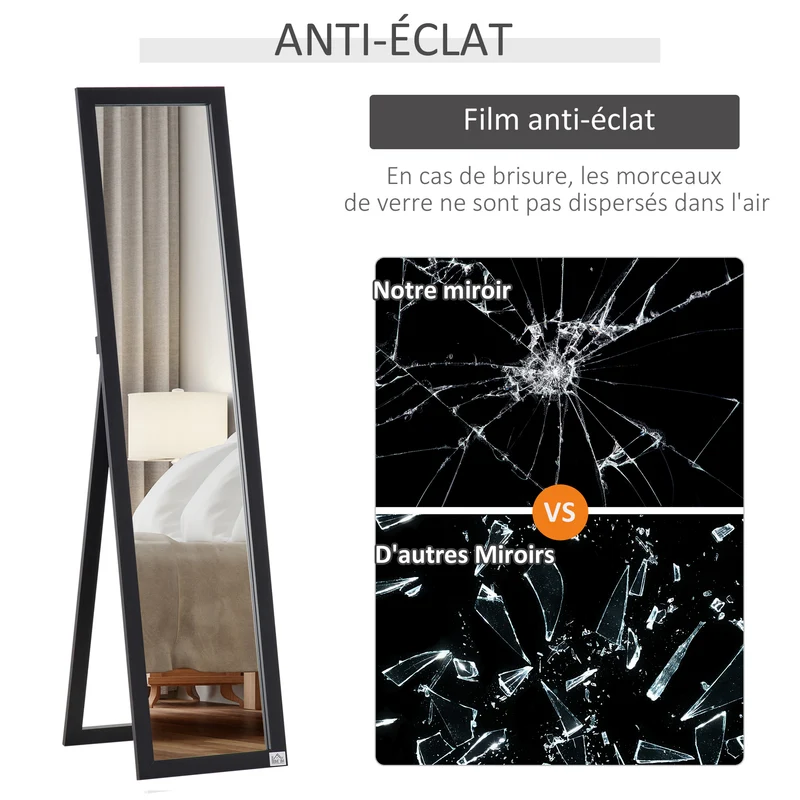 Miroir sur pied rectangulaire 37 x 37 x 154 cm posé ou mural film anti éclat idéal dressing contemporain en MDF noir 21_0001471