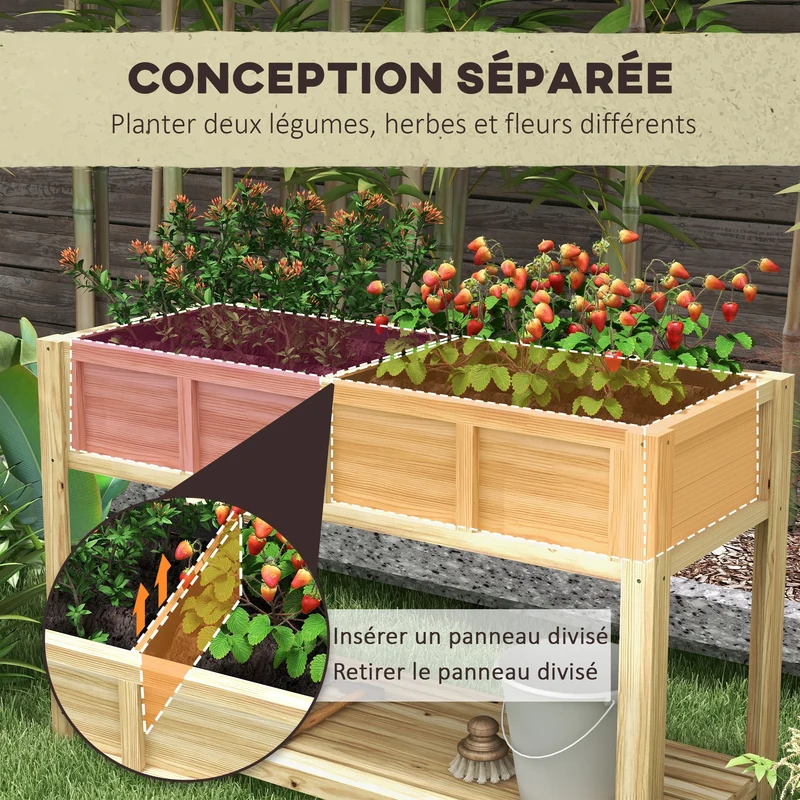 Jardinière sur pieds potager 115 x 46 x 75 cm séparateur amovible et inserts d'irrigation style rustique en bois naturel 21_0005450