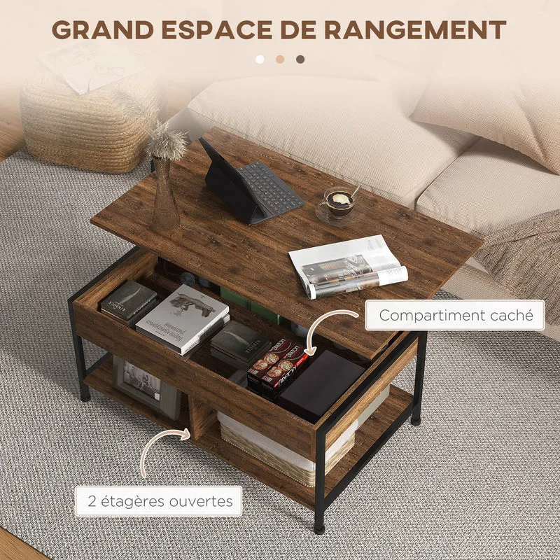 Table basse relevable salon 100 x 80 x 60 cm plateau compartiment caché compact style industriel design en MDF marron 21_0003126