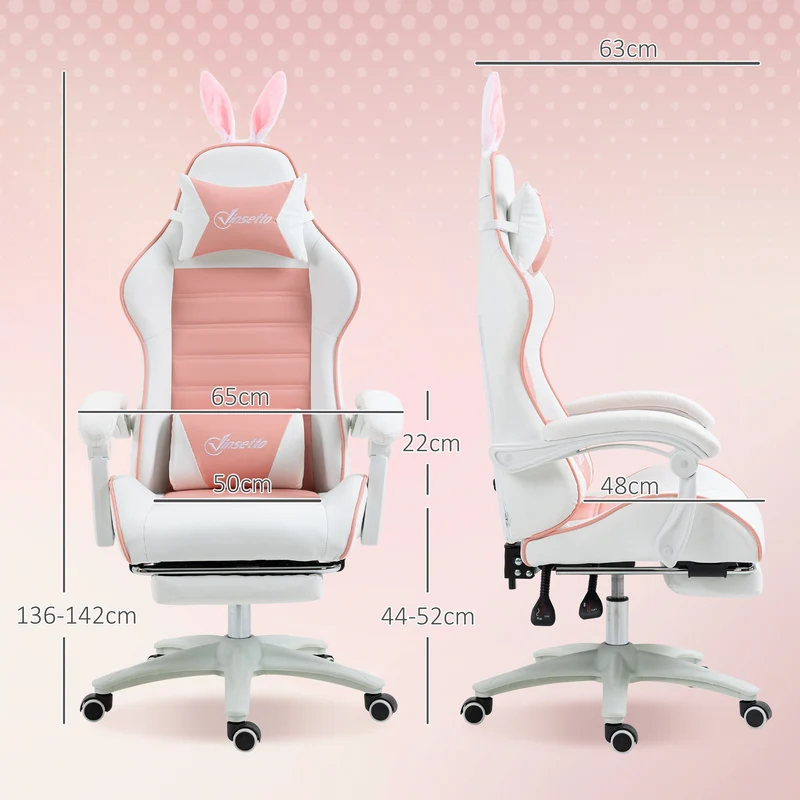 Chaise de jeu réglable support lombaire 65 x 63 x 136 cm pour bureau chambre studio moderne design en polyuréthane rose 21_0006232