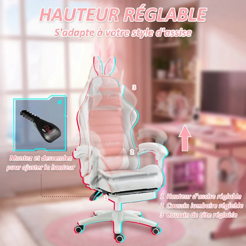 Chaise de jeu réglable support lombaire 65 x 63 x 136 cm pour bureau chambre studio moderne design en polyuréthane rose 21_0006232