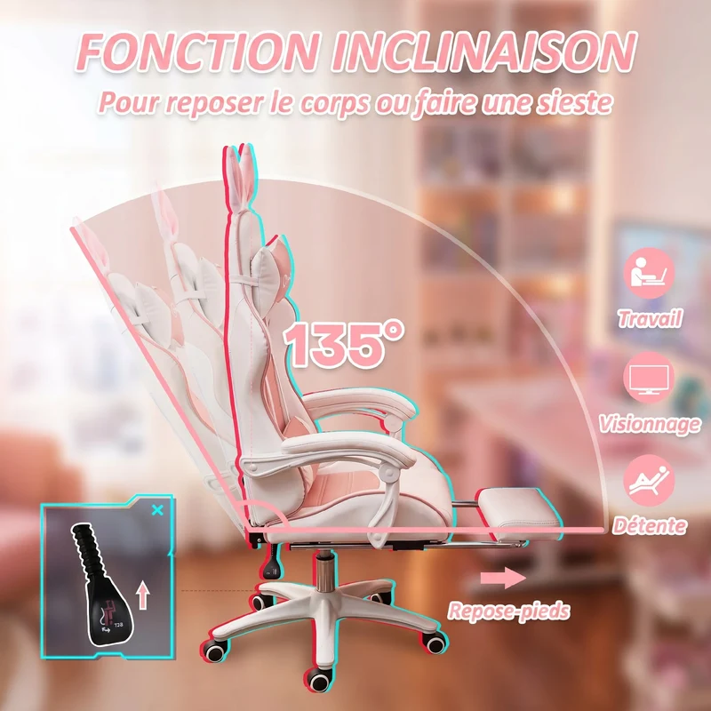 Chaise de jeu réglable support lombaire 65 x 63 x 136 cm pour bureau chambre studio moderne design en polyuréthane rose 21_0006232