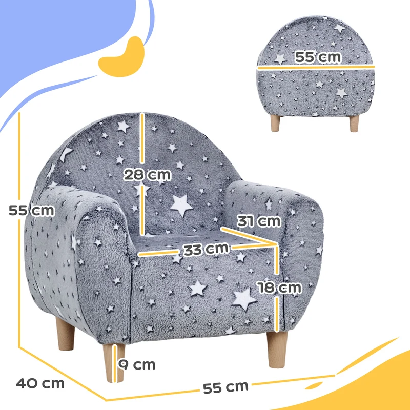 Fauteuil enfant 55 x 40 x 55 cm assise mousse dense dossier haut motif étoilé phosphorescent scandinave en velours gris 21_0000133
