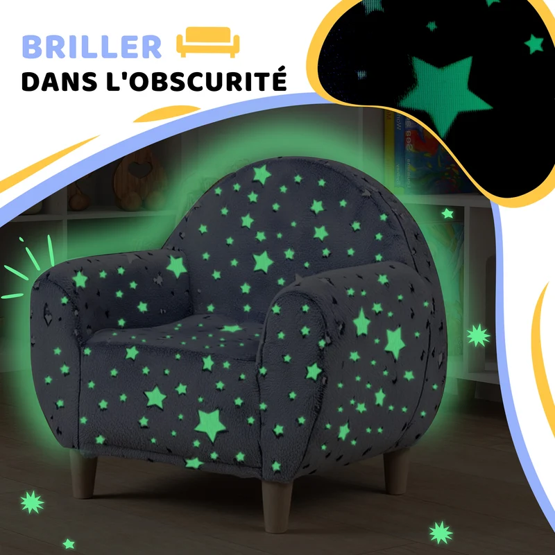 Fauteuil enfant 55 x 40 x 55 cm assise mousse dense dossier haut motif étoilé phosphorescent scandinave en velours gris 21_0000133