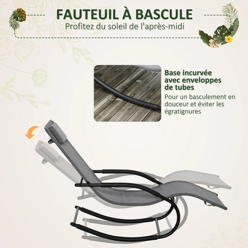 Chaise longue à bascule 62 x 150 x 84 cm assise ergonomique incurvée confortable légère contemporain en textilène gris 21_0004685