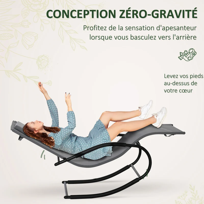 Chaise longue à bascule 62 x 150 x 84 cm assise ergonomique incurvée confortable légère contemporain en textilène gris 21_0004685
