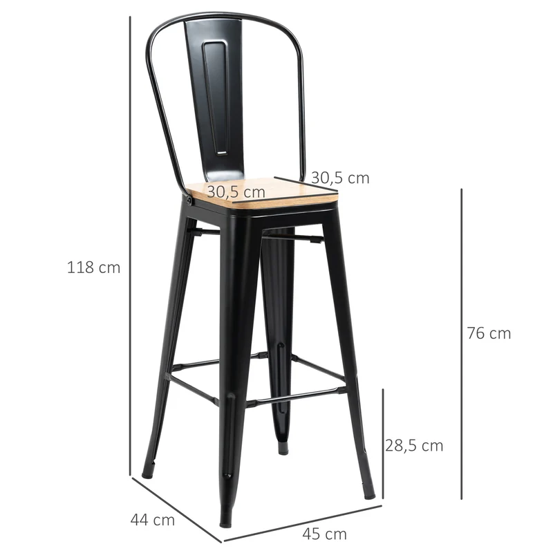 Lot de 4 tabourets de bar avec dossier repose-pied 45 x 44 x 118 cm confortable design industriel cosy en métal noir 21_0002206