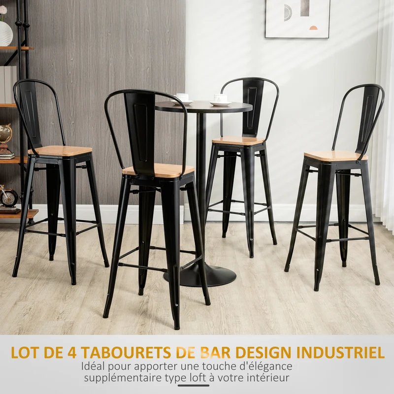 Lot de 4 tabourets de bar avec dossier repose-pied 45 x 44 x 118 cm confortable design industriel cosy en métal noir 21_0002206