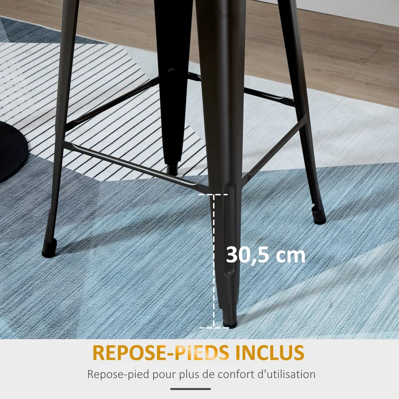 Lot de 4 tabourets de bar avec dossier repose-pied 45 x 44 x 118 cm confortable design industriel cosy en métal noir 21_0002206