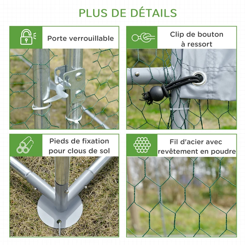 Enclos poulailler extérieur 280 x 190 x 197 cm toit anti-uv porte verrouillable industriel en acier galvanisé argent 21_0007944
