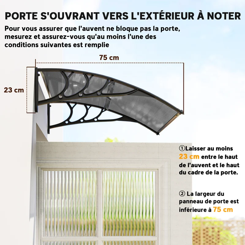 Auvent de porte d'entrée incurvé 100 x 75 x 23 cm protection pluie et uv montage facile design en polycarbonate noir 21_0007103