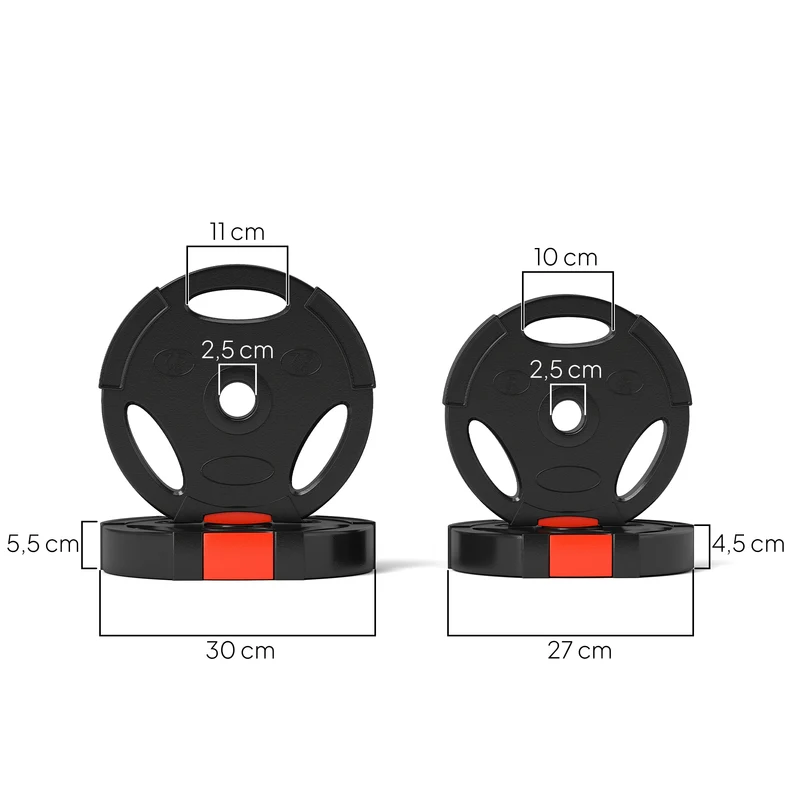Lot de 4 disques de poids musculation 27 x 4,5 et 30 x 5,5 cm 3 prises protège sol moderne compact en polypropylène noir 21_0006863