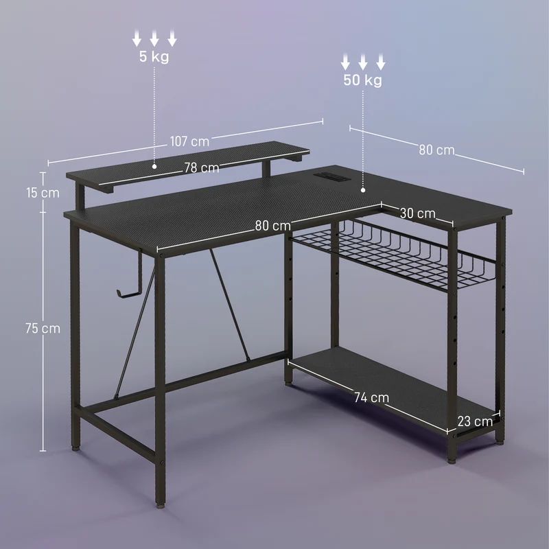 Bureau d'angle ordinateur 107 x 80 x 90 cm avec led télécommande prises usb intégrées rangement moderne en mélamine noir 21_0006132