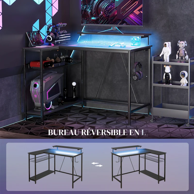 Bureau d'angle ordinateur 107 x 80 x 90 cm avec led télécommande prises usb intégrées rangement moderne en mélamine noir 21_0006132