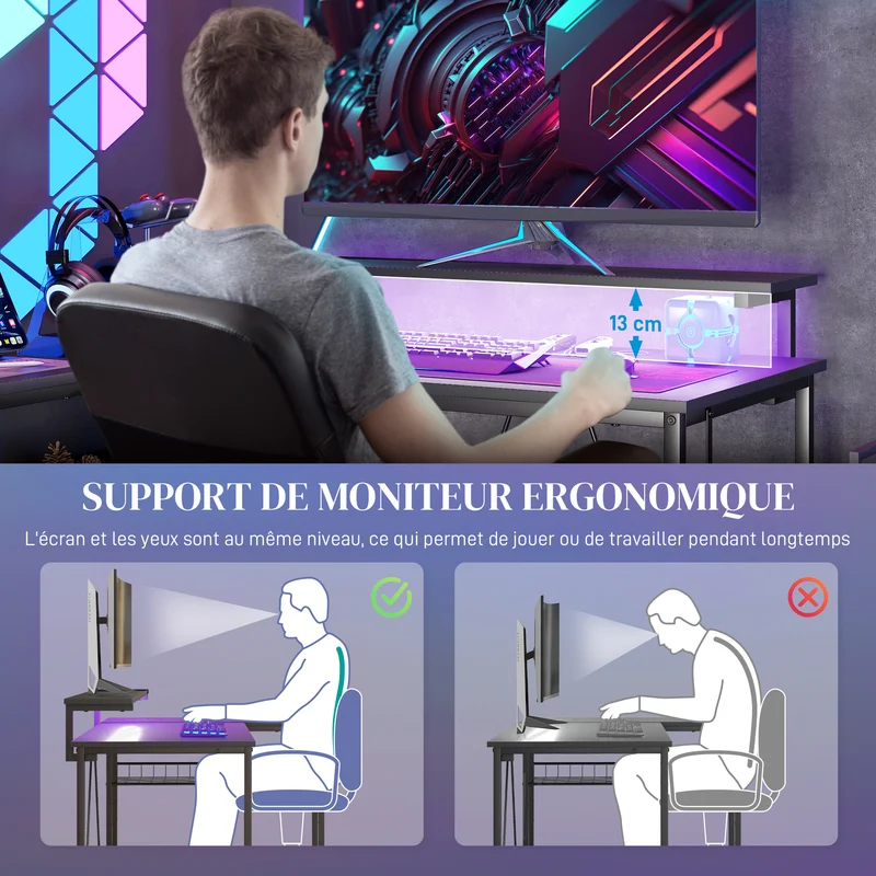Bureau d'angle ordinateur 107 x 80 x 90 cm avec led télécommande prises usb intégrées rangement moderne en mélamine noir 21_0006132