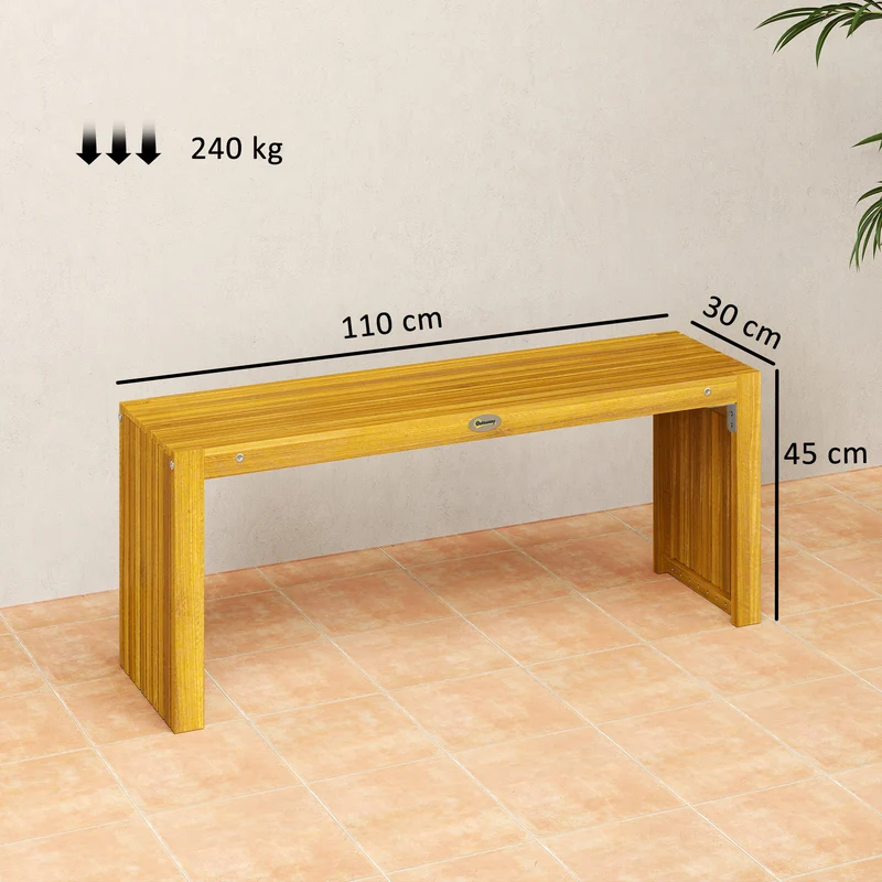 Banc de jardin sans dossier 2 places 110 x 30 x 45 cm assise à lattes capacité 240 kg rustique en bois d'acacia naturel 21_0005344