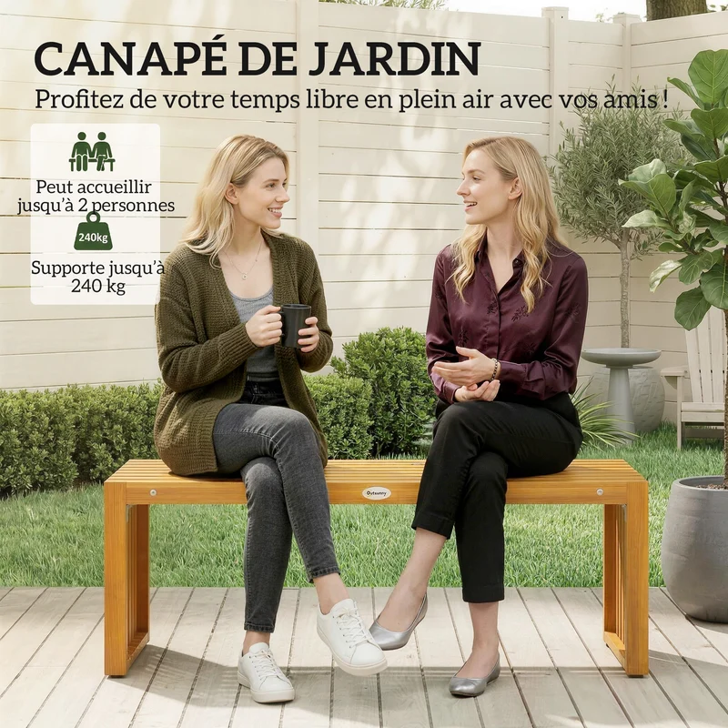 Banc de jardin sans dossier 2 places 110 x 30 x 45 cm assise à lattes capacité 240 kg rustique en bois d'acacia naturel 21_0005344