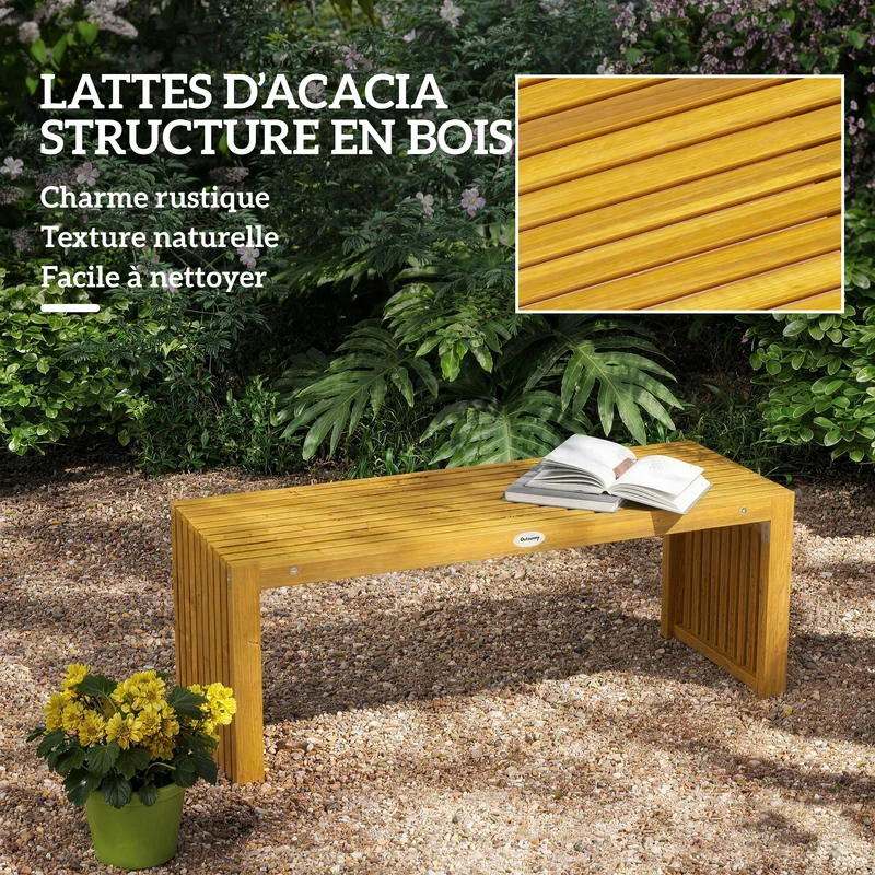 Banc de jardin sans dossier 2 places 110 x 30 x 45 cm assise à lattes capacité 240 kg rustique en bois d'acacia naturel 21_0005344