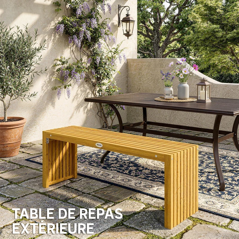 Banc de jardin sans dossier 2 places 110 x 30 x 45 cm assise à lattes capacité 240 kg rustique en bois d'acacia naturel 21_0005344