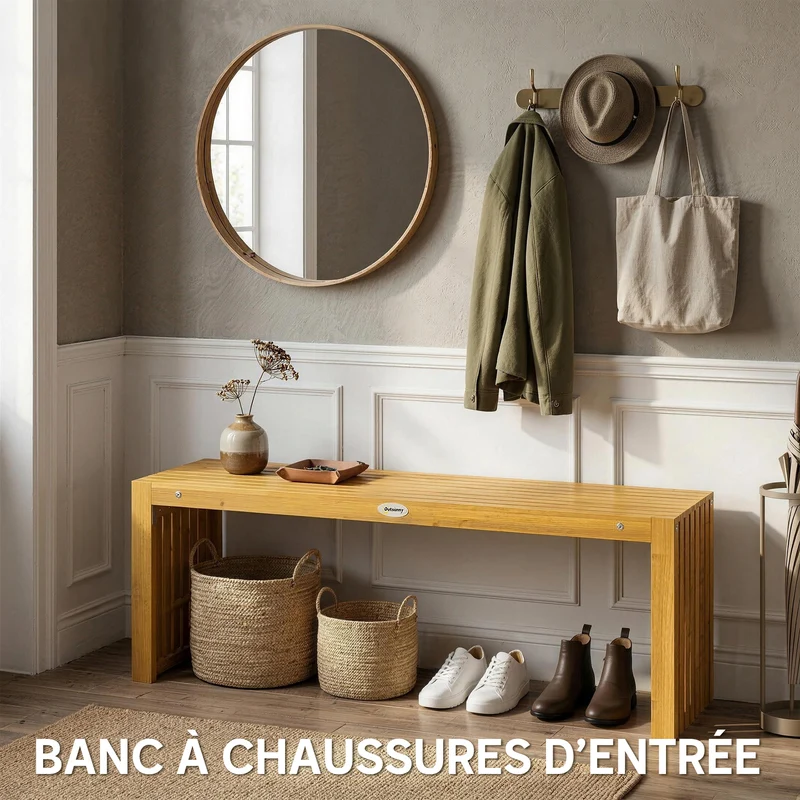Banc de jardin sans dossier 2 places 110 x 30 x 45 cm assise à lattes capacité 240 kg rustique en bois d'acacia naturel 21_0005344