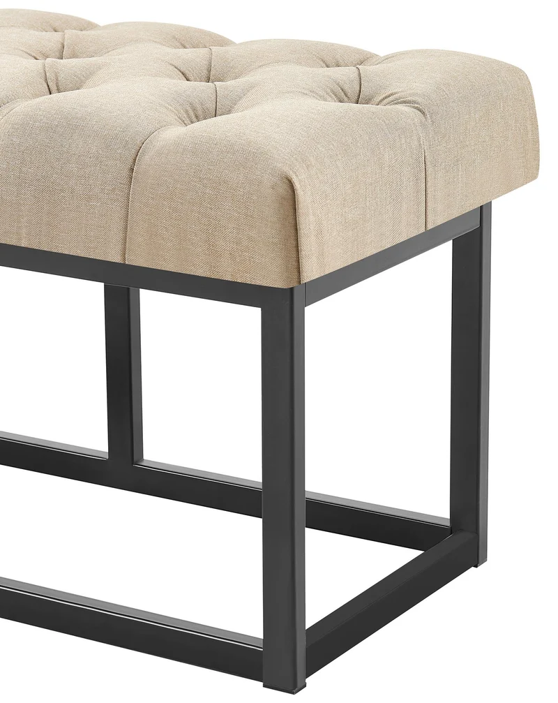 Banc capitonné rembourré 100 cm tissu taupe avec structure métal noir design contemporain 10_0008520