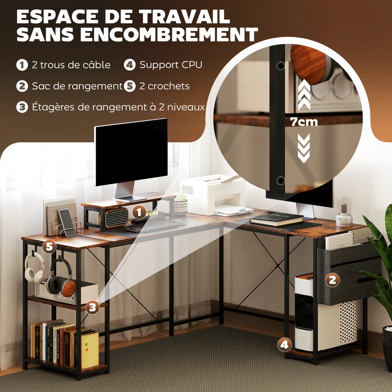 Bureau d'angle réversible 168 x 120 x 90 cm support écran espace modulable industriel en panneau de particules brun 21_0006137