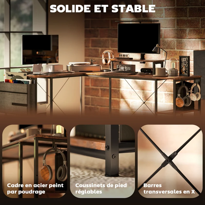 Bureau d'angle réversible 168 x 120 x 90 cm support écran espace modulable industriel en panneau de particules brun 21_0006137