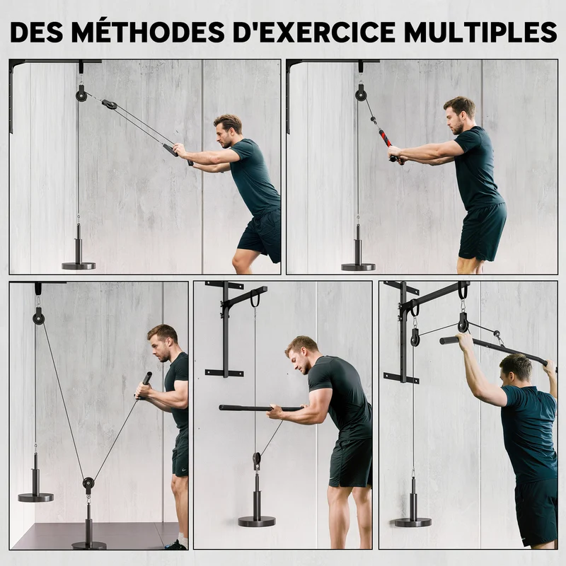 Système de poulie musculation domicile 98 x 2.5 x 200 cm support 100 kg polyvalent compact moderne design en acier noir 21_0006872
