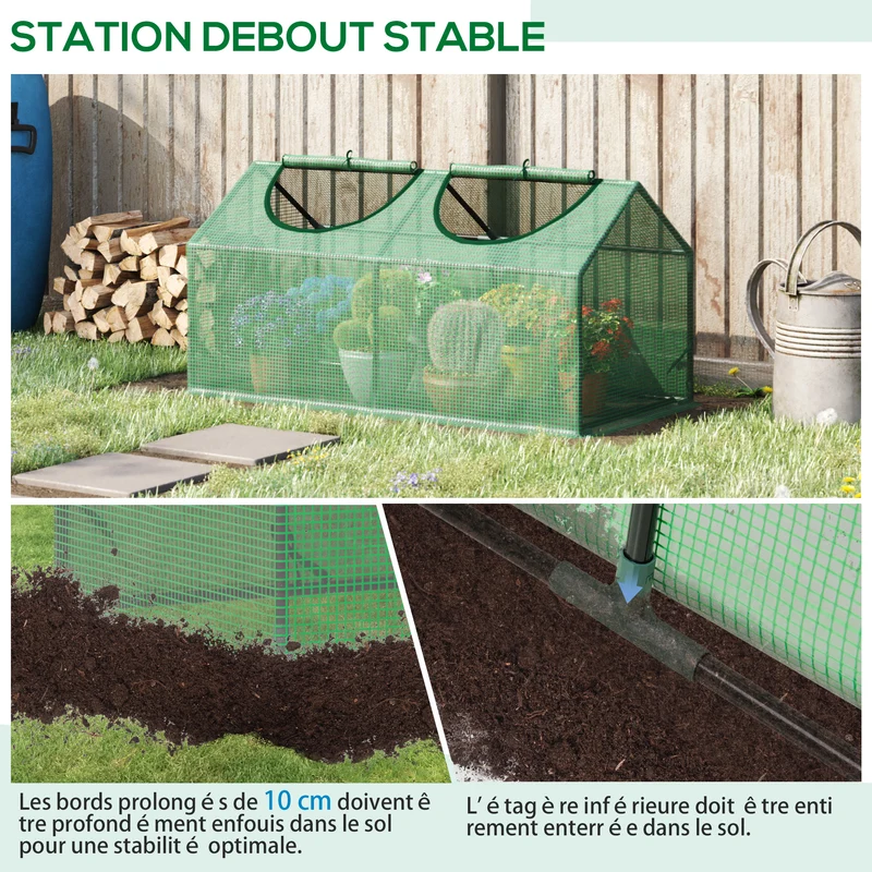 Serre compacte balcon 120 x 60 x 60 cm fenêtres zippées rebord enterrable 10 cm épuré moderne en plastique vert foncé 21_0004153