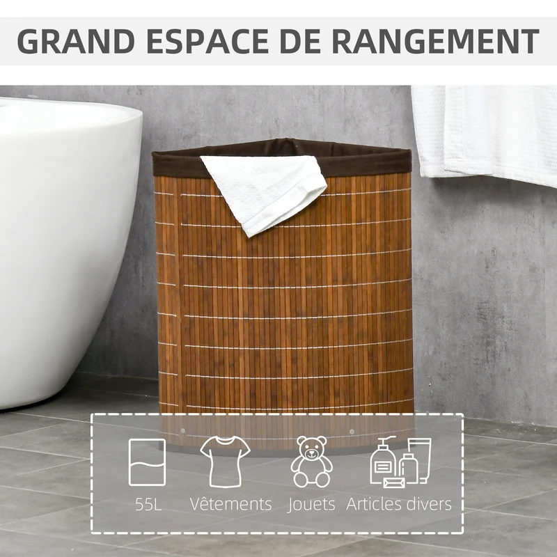 Panier à linge d'angle 38 x 38 x 57 cm grande capacité 55L doublure amovible couvercle scandinave épuré en bambou marron 21_0005829