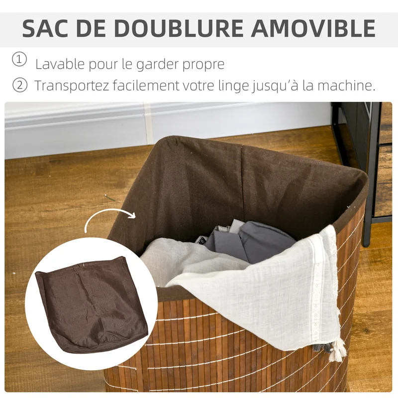 Panier à linge d'angle 38 x 38 x 57 cm grande capacité 55L doublure amovible couvercle scandinave épuré en bambou marron 21_0005829