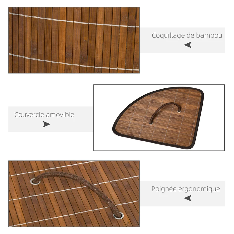 Panier à linge d'angle 38 x 38 x 57 cm grande capacité 55L doublure amovible couvercle scandinave épuré en bambou marron 21_0005829