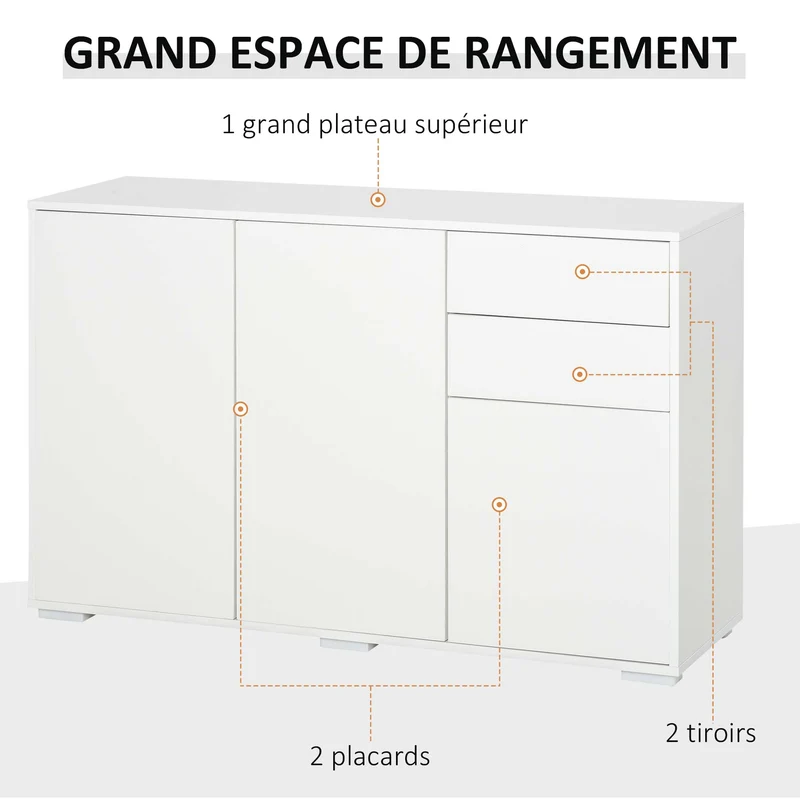 Buffet rangement 117 x 36 x 74 cm 2 tiroirs 2 portes étagère réglable contemporain épuré en panneaux de particules blanc 21_0002829