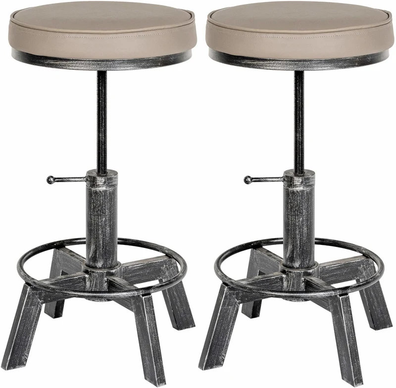 Lot de 2 tabourets industriels en métal argenté effet vieilli assise en similicuir crème réglables en hauteur avec repose-pieds 10_0008725