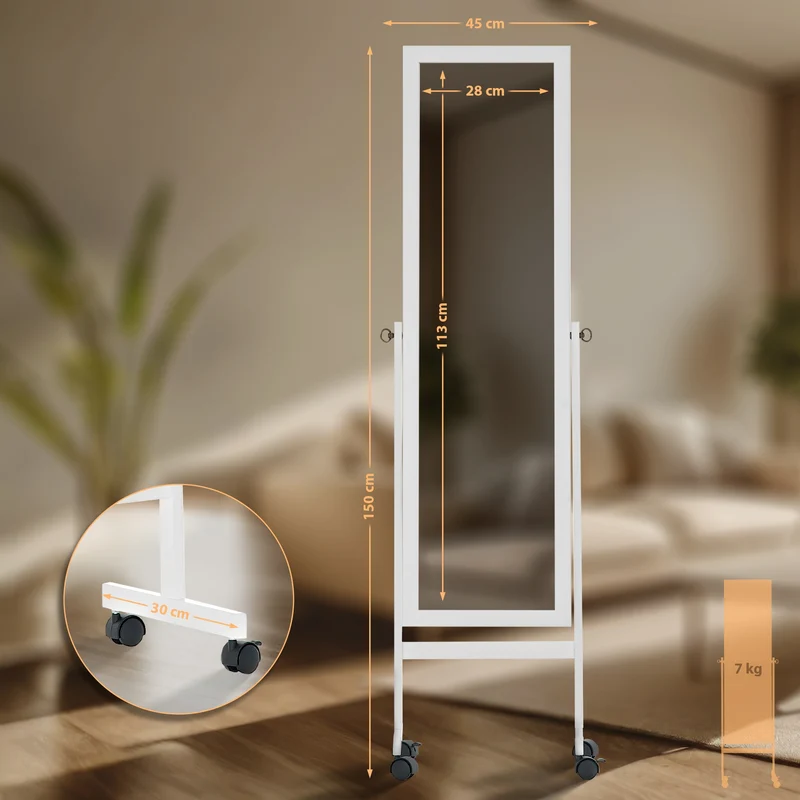 Miroir sur pied avec roulettes forme miroir rectangle 113 x 28 cm en bois blanc 10_0003726