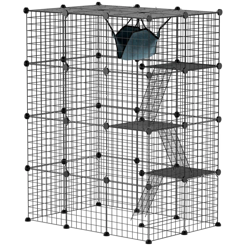 Cage pour chat et lapin d'intérieur 105 x 70 x 140 cm modulable avec hamac moderne épuré ambiance cosy en acier noir 21_0007998